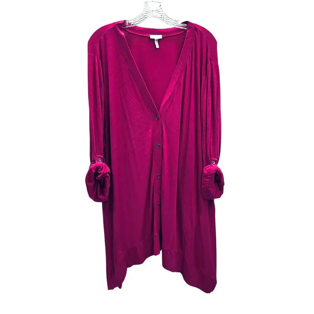Cardigan Logo Lori Goldstein Button Front 3X Dark Pink Roll Tab Asymmetric Hem